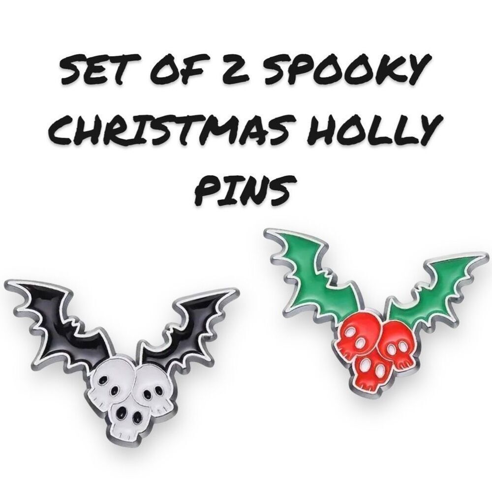 New Spooky Christmas Holly Berry Pin Set of 2 Skull Bat Leaves Colorful Fun Gift